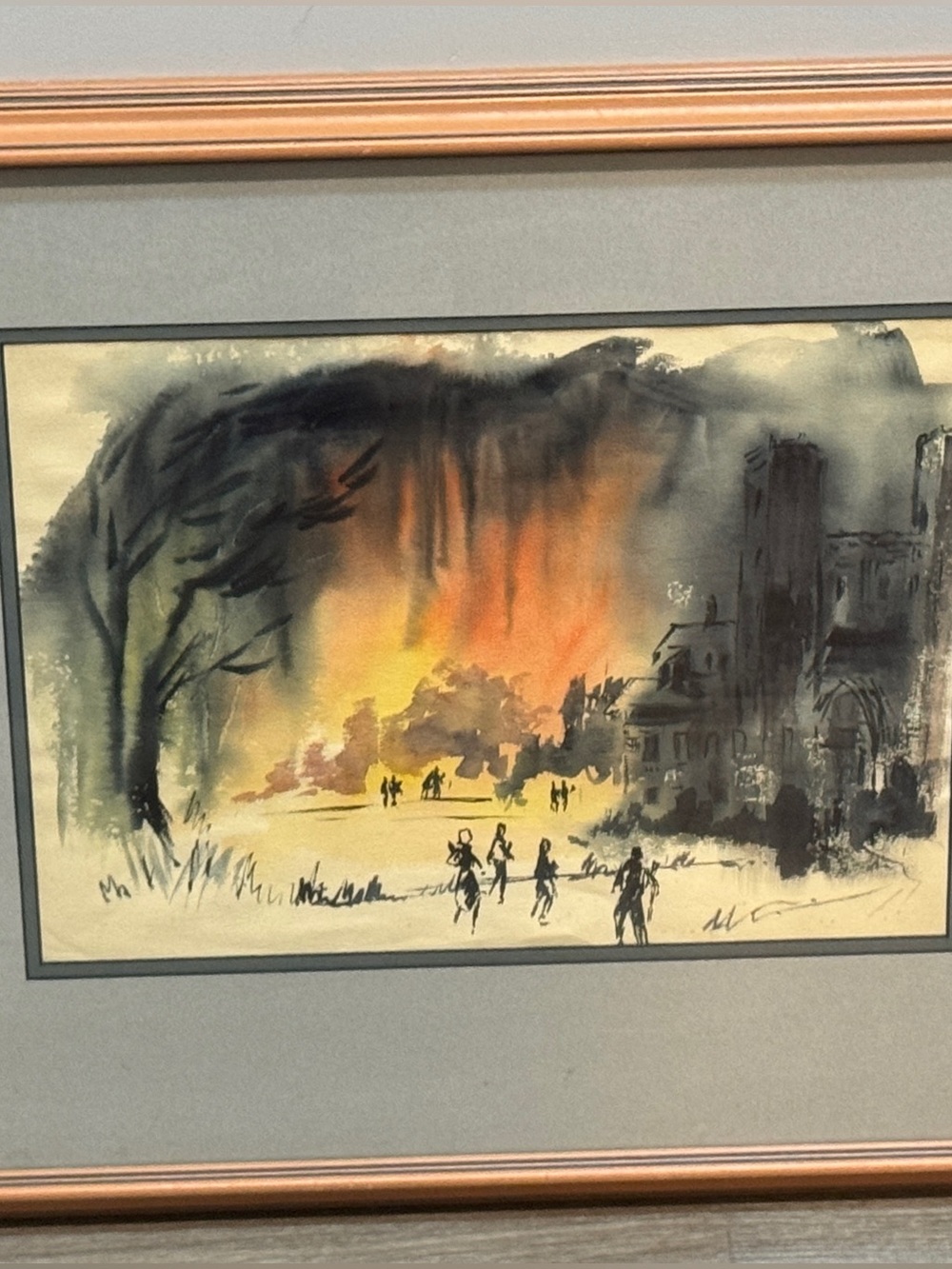 Framed Sunset Landscape or Fire Scene Watercolor Orange & Black Signed 22”x19”